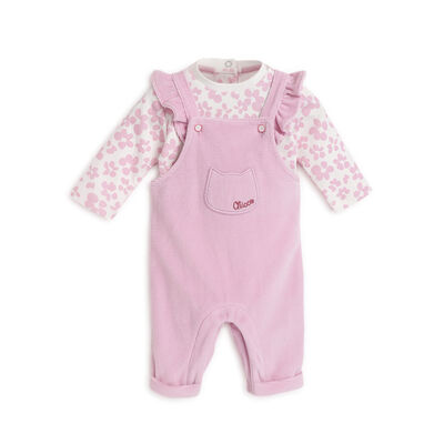 Girls Light Pink Printed Bodysuit with Long Overall
